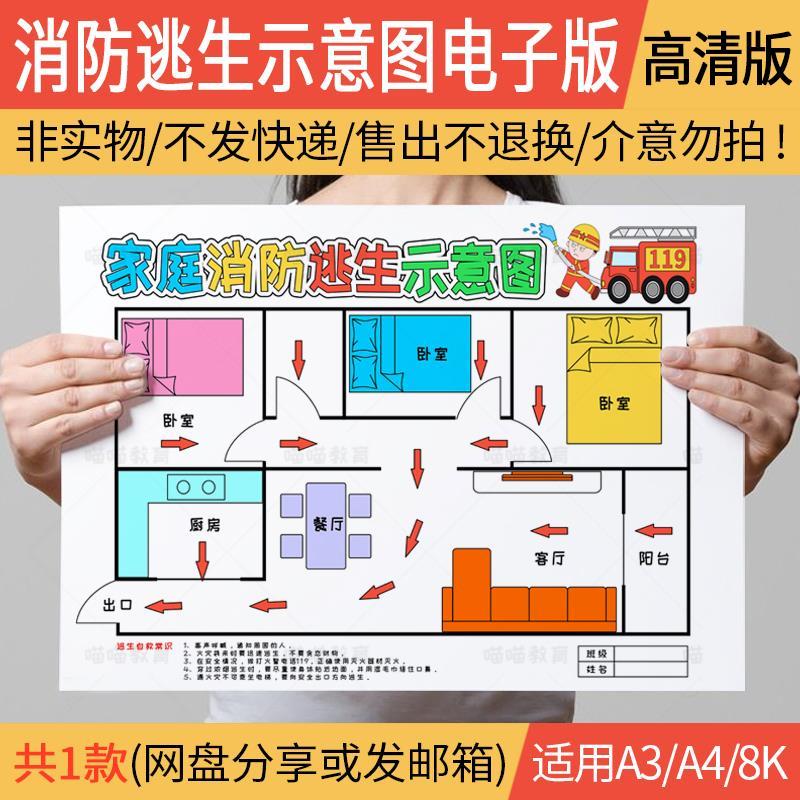 家庭消防疏散逃生示意图电子版消防安全逃生手册手抄报线稿a3a48k