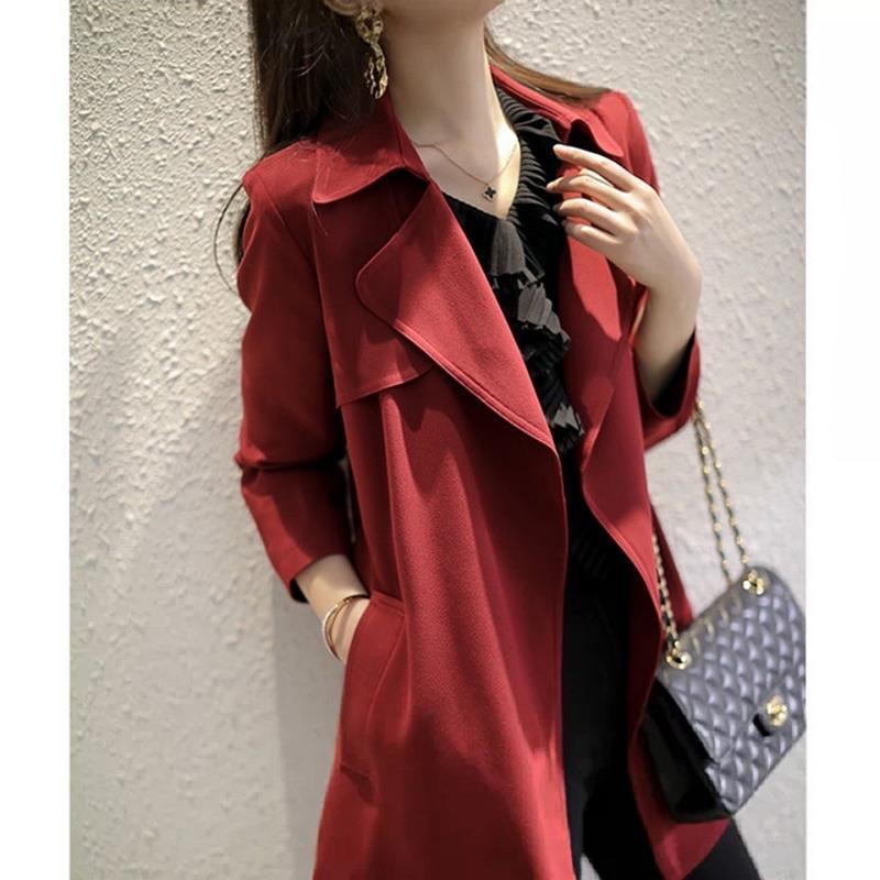 风衣外套女2021年春秋新款时尚洋气中长款收腰气质休闲红色大衣女【15
