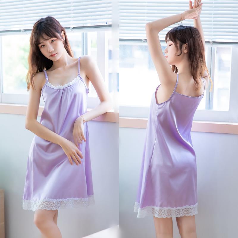夏季宽松显瘦性感吊带冰丝睡裙女仿真丝绸睡衣女 凉快春秋家居服