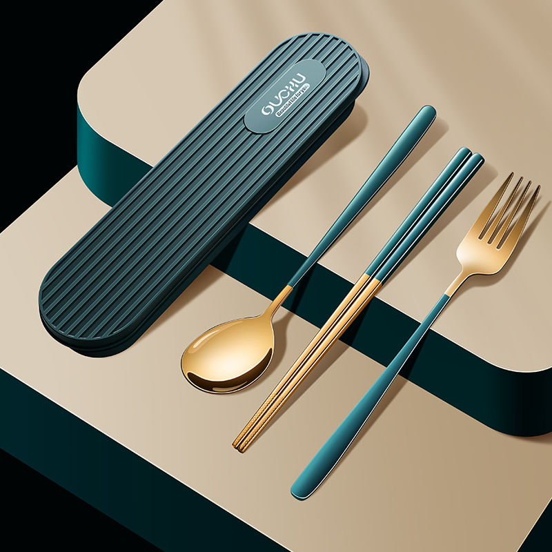 304 stainless steel chopsticks spoon fork set portable tableware one person three piece set two piece set storage box