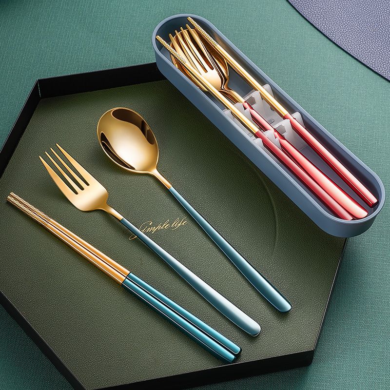 304 stainless steel chopsticks spoon fork set portable tableware one person three piece set two piece set storage box