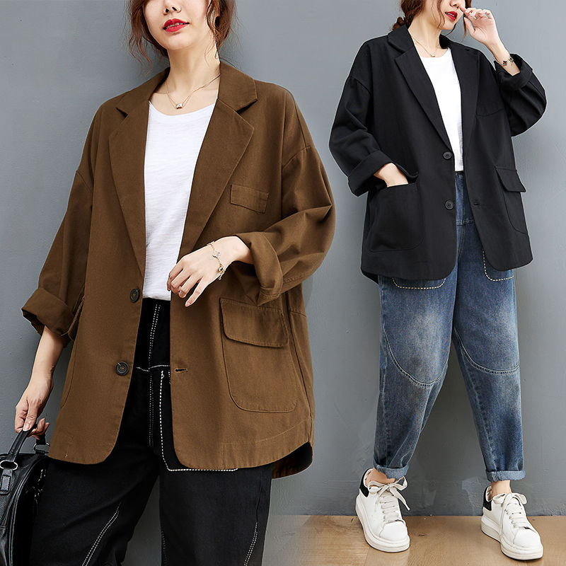 Casual suit jacket autumn fat mm large size loose all-match long-sleeved cardigan slimming cotton ladies suit jacket