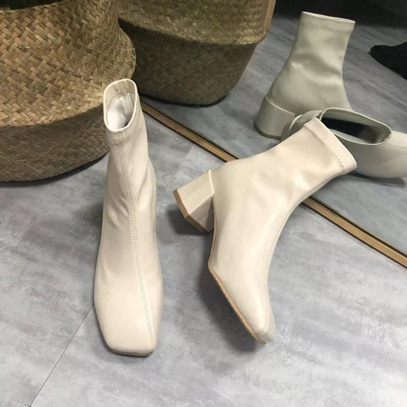 白色短靴女瘦瘦靴子女2020年新款高跟鞋网红透气马丁靴女夏季薄款
