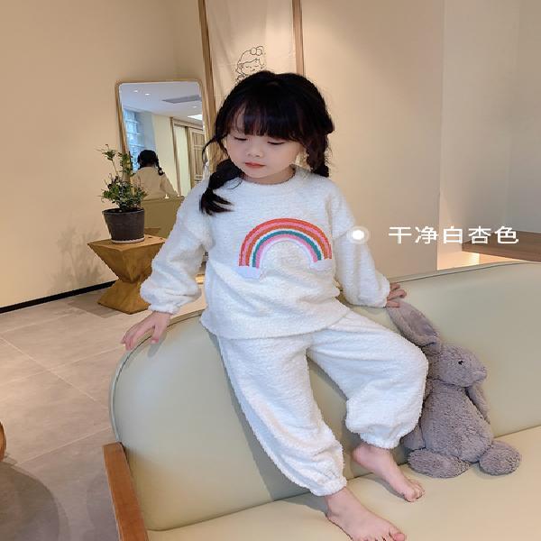 Cream girls' pajamas set plus fleece winter clothes children's warm home clothes baby tops and pants two-piece set