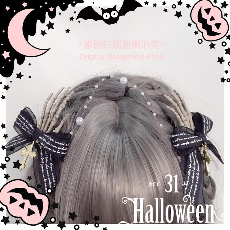 万圣节 十字架蝴蝶结鬼爪发夹 暗黑哥特少女发饰骷髅手爪发夹