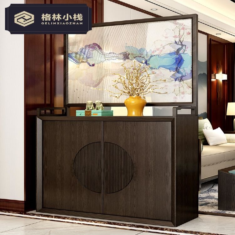 中式屏风玄关柜客厅鞋柜装饰柜玄关隔断柜门厅柜带画山水屏风柜子【3