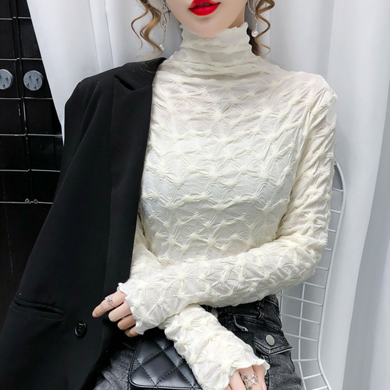 白色堆堆領高領蕾絲打底衫女內搭秋冬時髦時尚洋氣百搭上衣歐貨潮