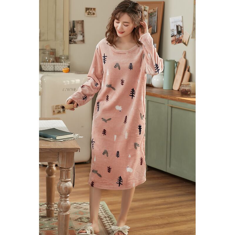 Autumn and winter nightdress women's winter coral fleece long section over the knee warm flannel plus velvet thickened pajamas home service