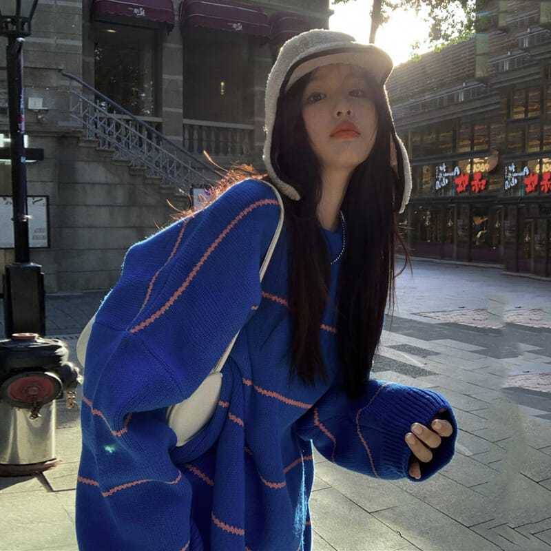 慵懶風條紋毛衣秋冬季2021新款bf寬鬆條紋中長款外穿針織上衣女潮
