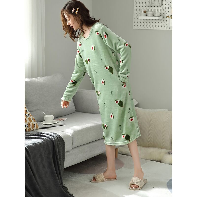 Coral fleece nightdress women's autumn and winter long-sleeved long knee-length  new flannel thickened warm pajamas