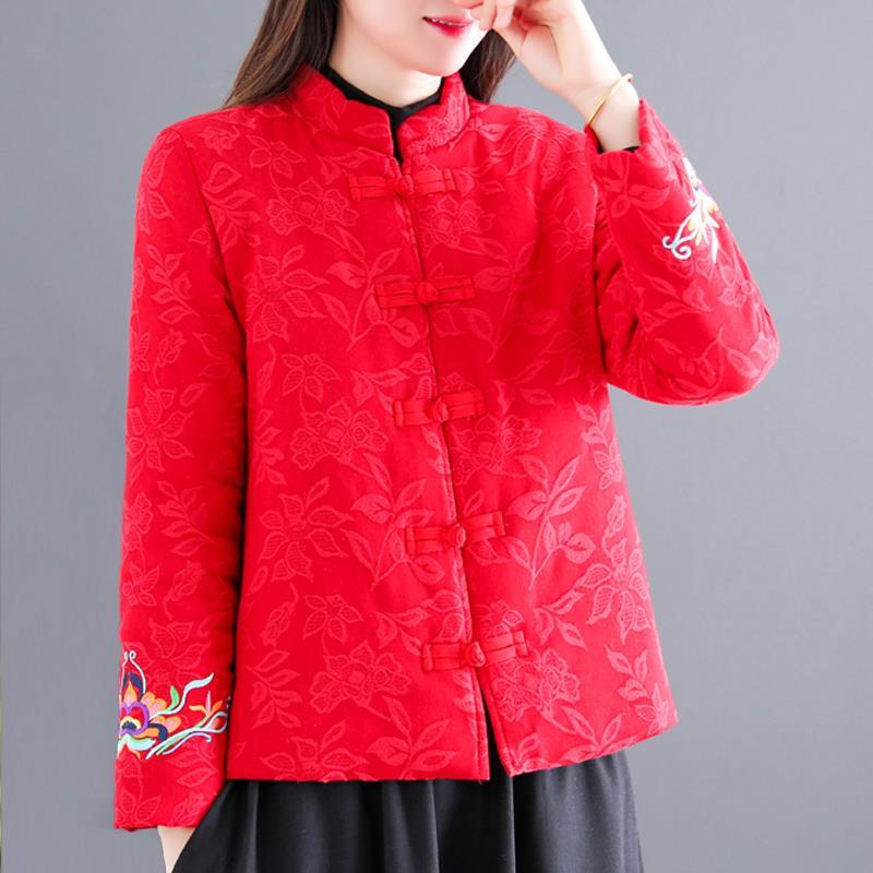 Autumn and winter cotton-padded jacket for women 2021 new thickened and warm small cotton-padded jacket ethnic style loose red plate-button cotton jacket
