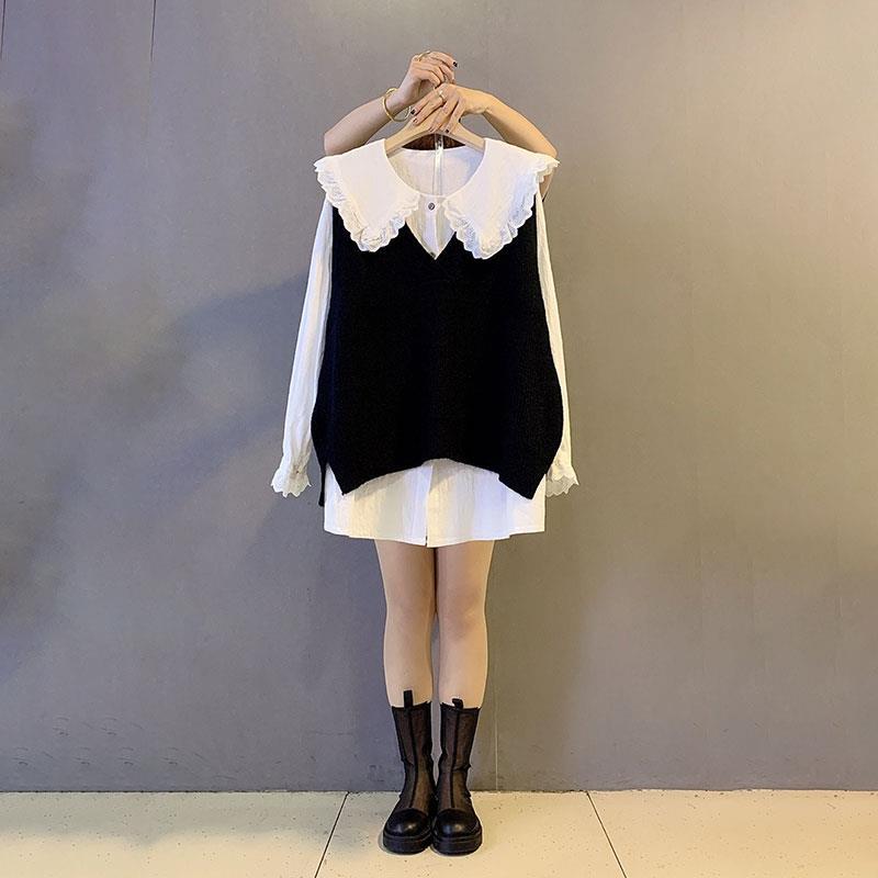 Large size spring and autumn mid-length V-neck knitted vest ins all-match doll collar shirt all-match cardigan shirt two-piece set