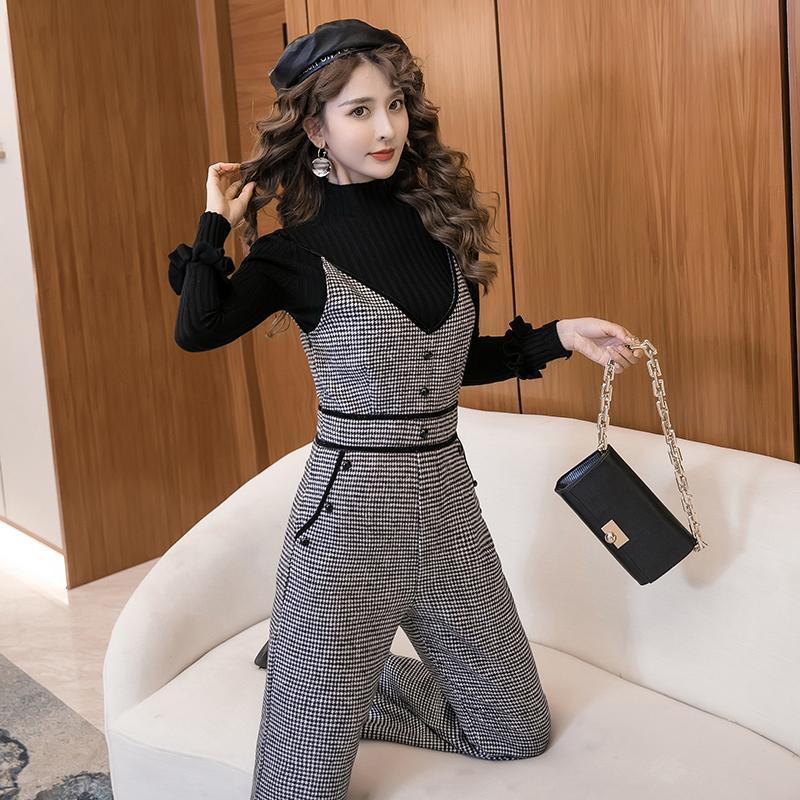 Woolen houndstooth suspenders suit women's autumn and winter  foreign style age-reducing wide-leg suspenders jumpsuit two-piece set