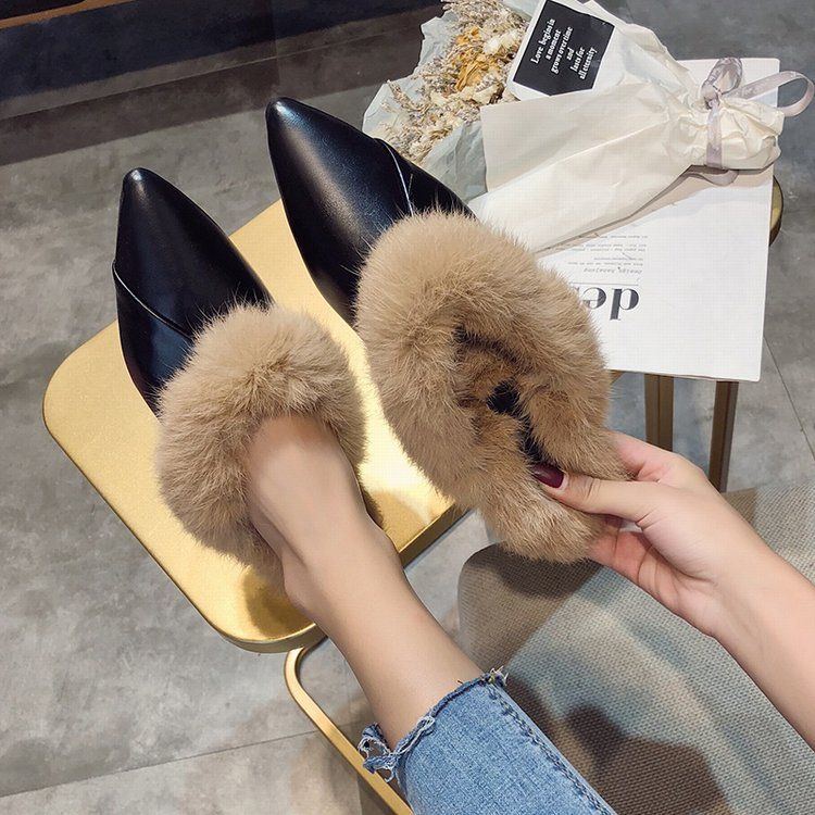 尖头毛毛鞋女秋冬新款韩版时尚外穿包头半拖鞋兔毛穆勒鞋低跟