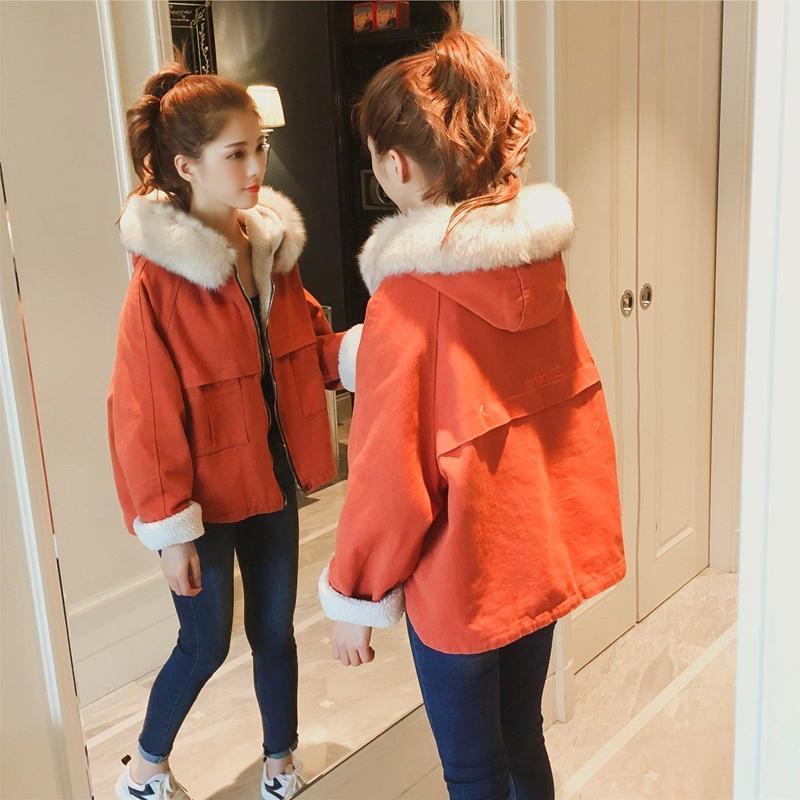 Chic lamb wool coat women's short cotton-padded jacket  autumn and winter new loose foreign style small man big wool-collared cotton-padded jacket