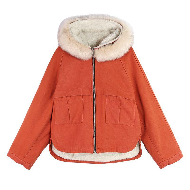 Chic lamb wool coat women's short cotton-padded jacket  autumn and winter new loose foreign style small man big wool-collared cotton-padded jacket