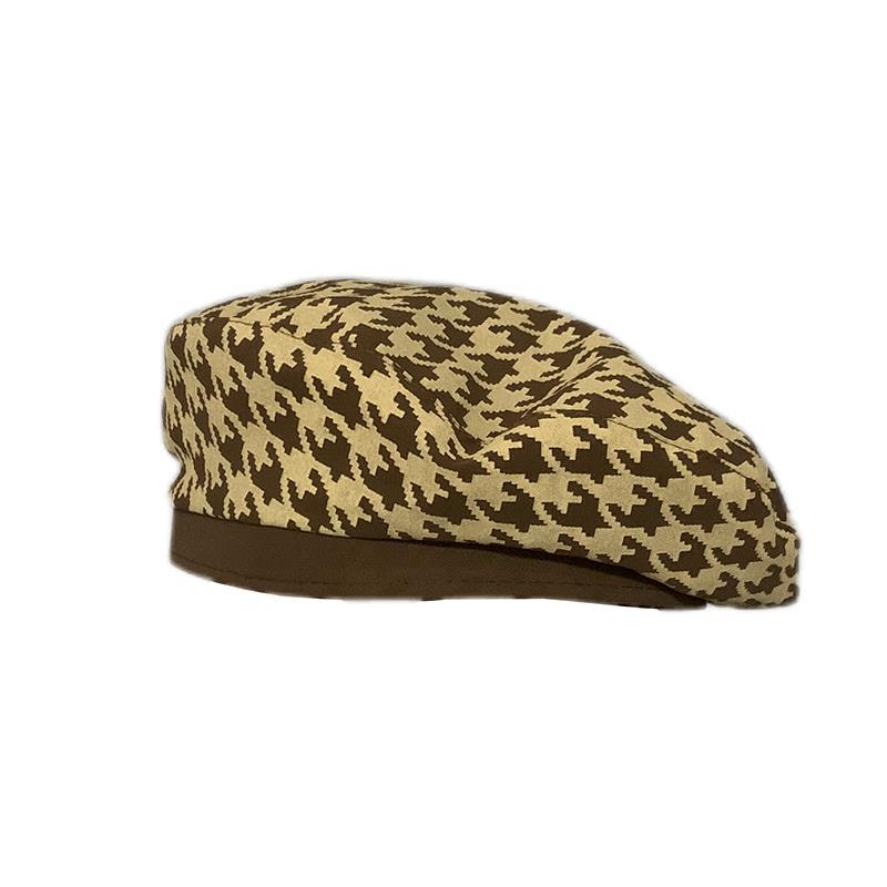 Brown hat women's spring and autumn British retro octagonal pu leather beret flat top dark brown painter's hat winter