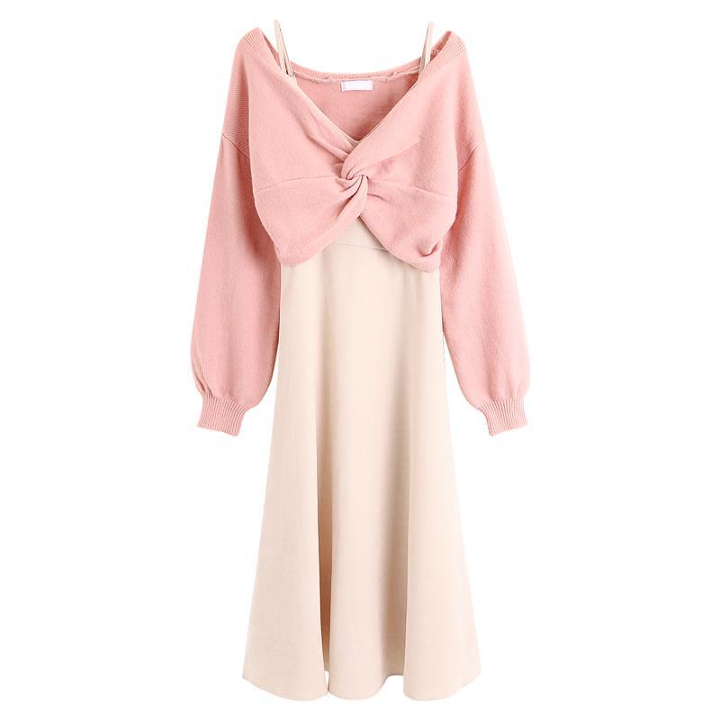 French style gentle wind first love suspender dress female autumn and winter temperament goddess fan knitted sweater skirt two-piece suit