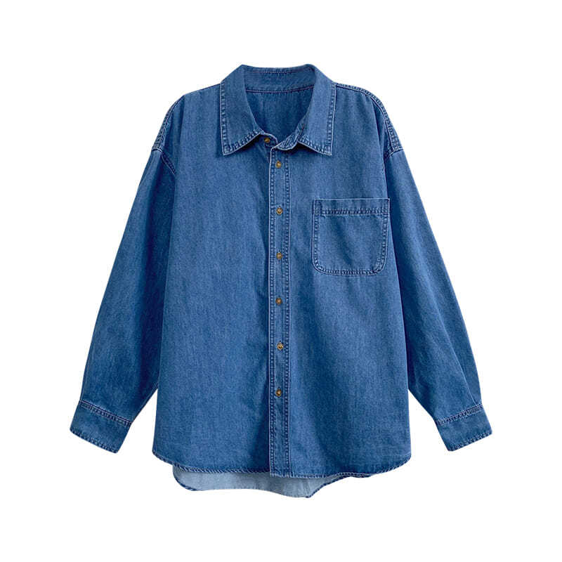 Autumn new Japanese retro denim shirt women's mid-length casual loose thin long-sleeved fashion top coat