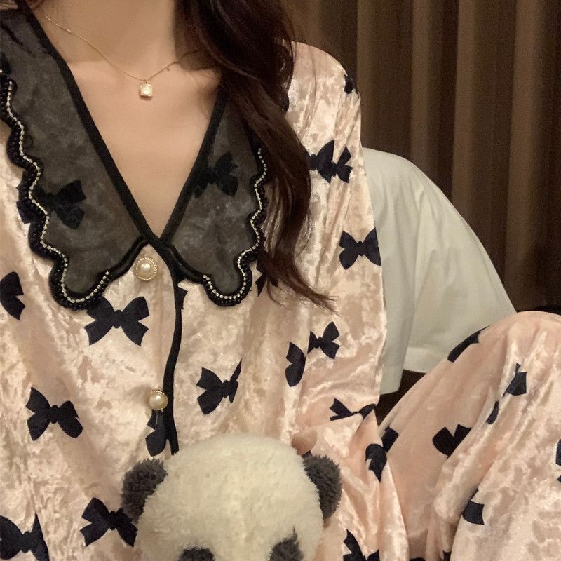 ins lapel double breasted wavy edge sweet bow long-sleeved trousers autumn and winter velvet pajamas home service set