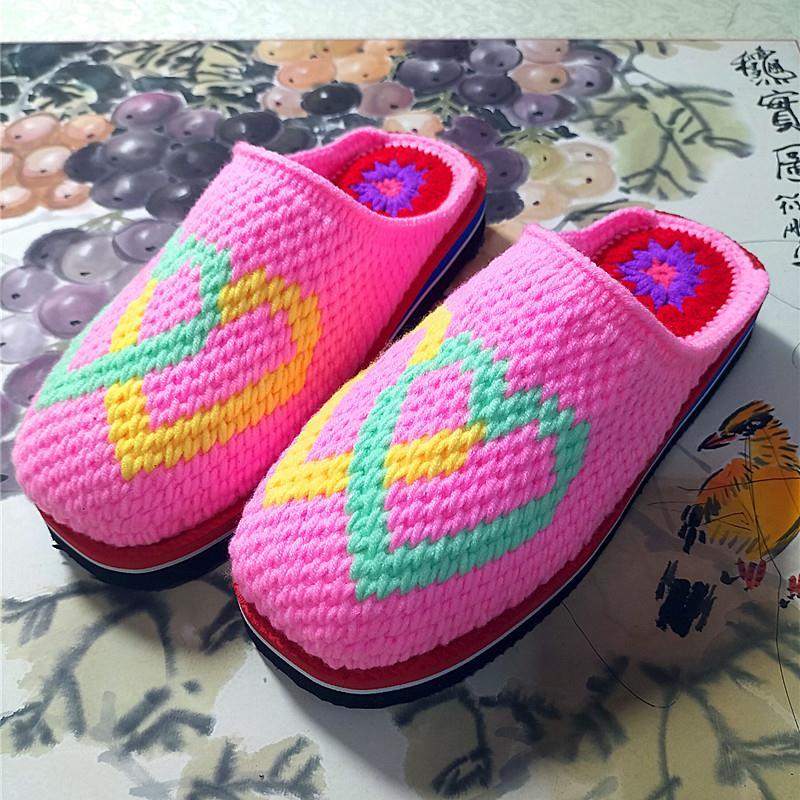 冬季纯手工编织毛线拖鞋 毛线拖鞋成品 毛线钩织拖鞋 保暖婚嫁鞋