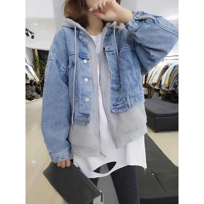 Internet celebrity pregnant women autumn and winter suits going out fashion denim jacket loose Korean version of the new fake two-piece autumn jacket tide