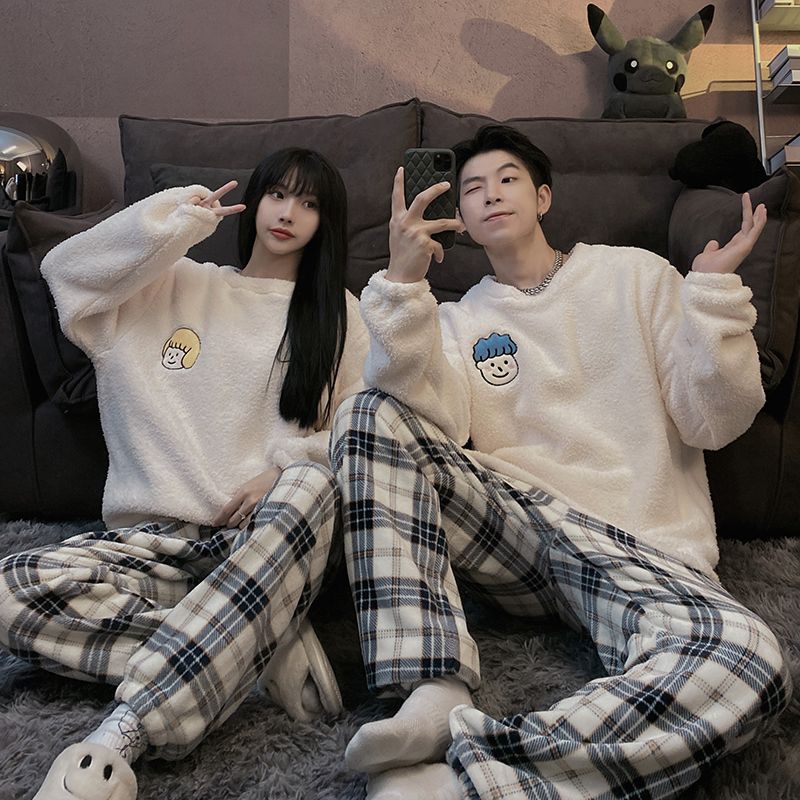  new couple pajamas women's autumn and winter thickened plus velvet coral fleece home clothing warm men's suit winter