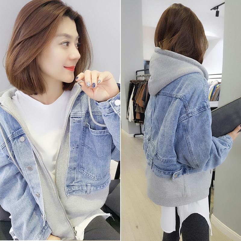 Internet celebrity pregnant women autumn and winter suits going out fashion denim jacket loose Korean version of the new fake two-piece autumn jacket tide