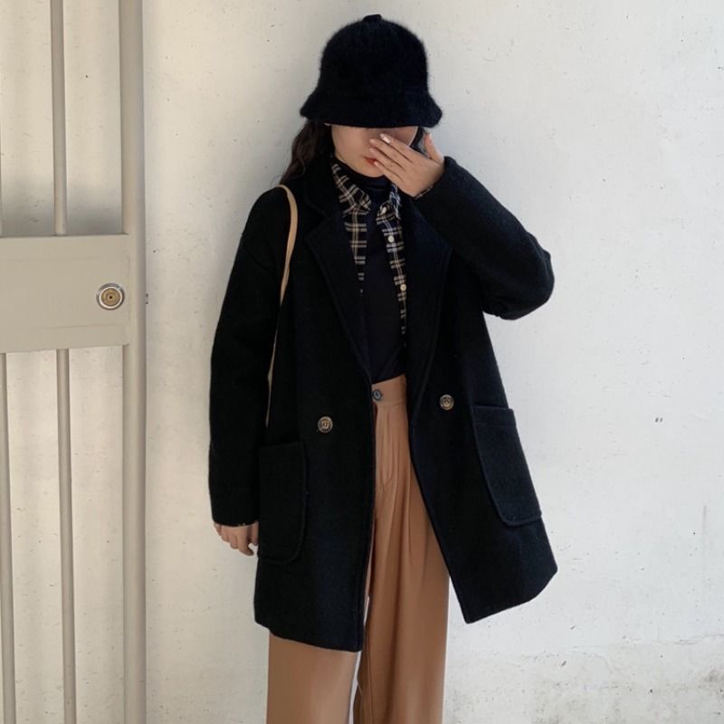 中长款毛呢外套女2021秋季新款小个子黑色韩版上衣呢大衣外穿长袖【2