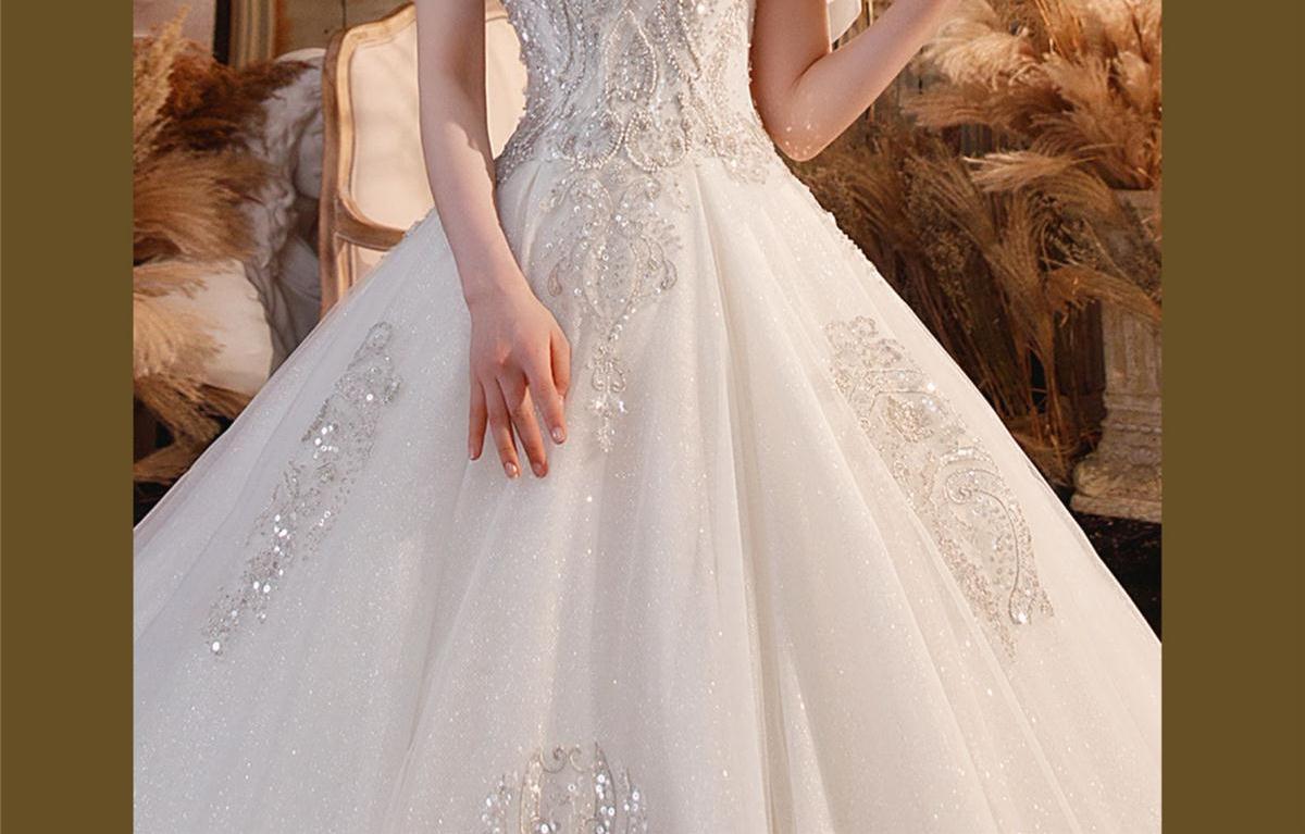 主婚紗2021新款新娘一字肩大拖尾宮廷風重工奢華遮粗手臂高級質感~特價