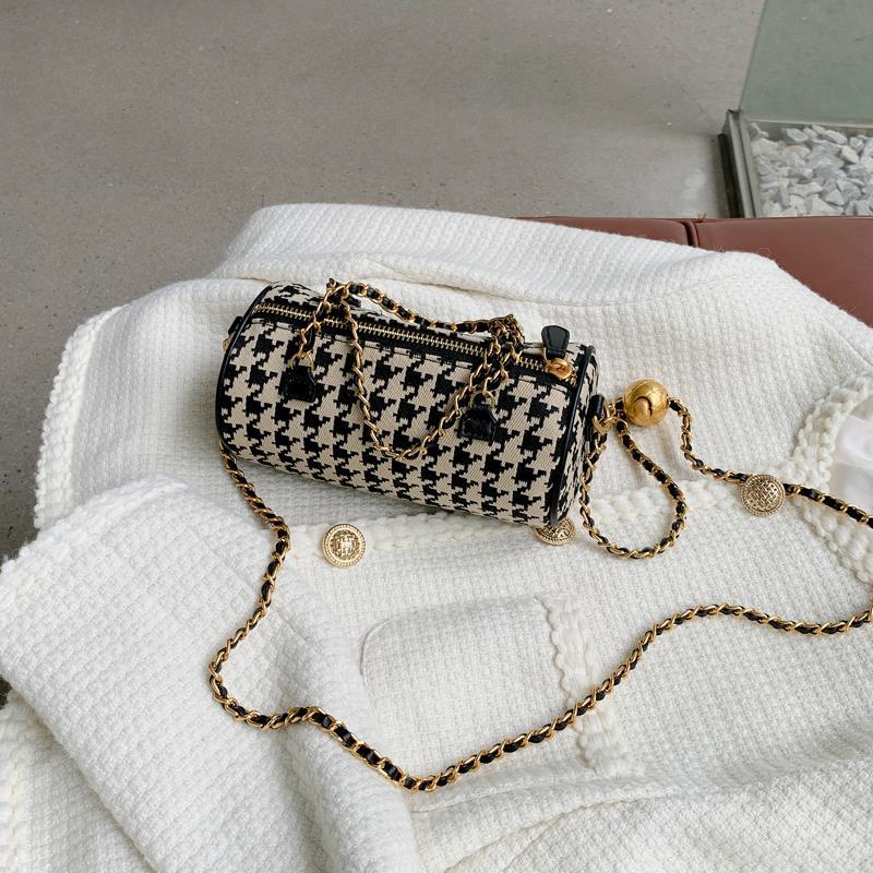 Internet celebrity popular houndstooth small round bag women's cross-body cylindrical bag 2021 new high-end chain bag shoulder bag
