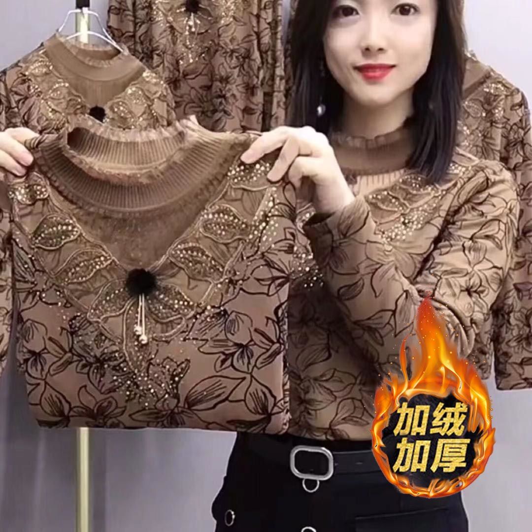 加絨/單打底衫媽媽裝中老年女裝秋冬季長袖T恤半高領彈力保暖上衣