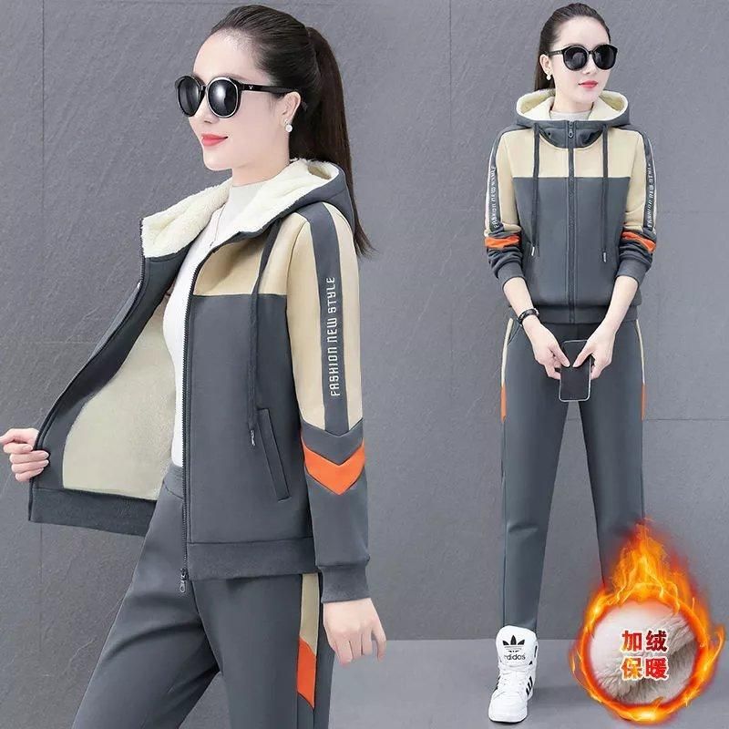 加厚加绒运动套装女秋冬季2021年新款羊羔毛外套卫衣休闲服两件套