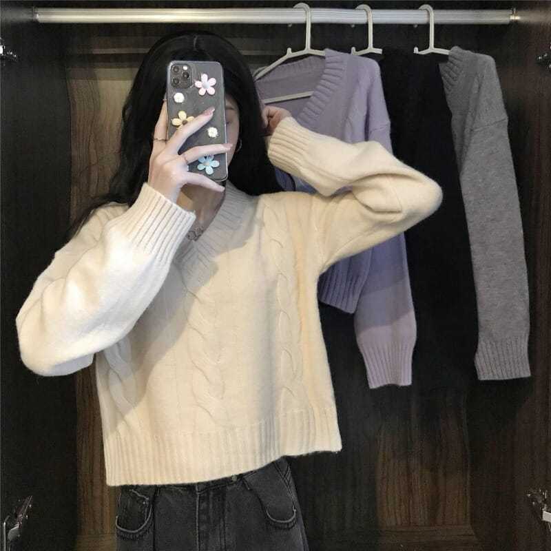 慵懶風加厚上衣新款秋冬季女寬鬆外穿復古針織衫短款毛衣外套洋氣