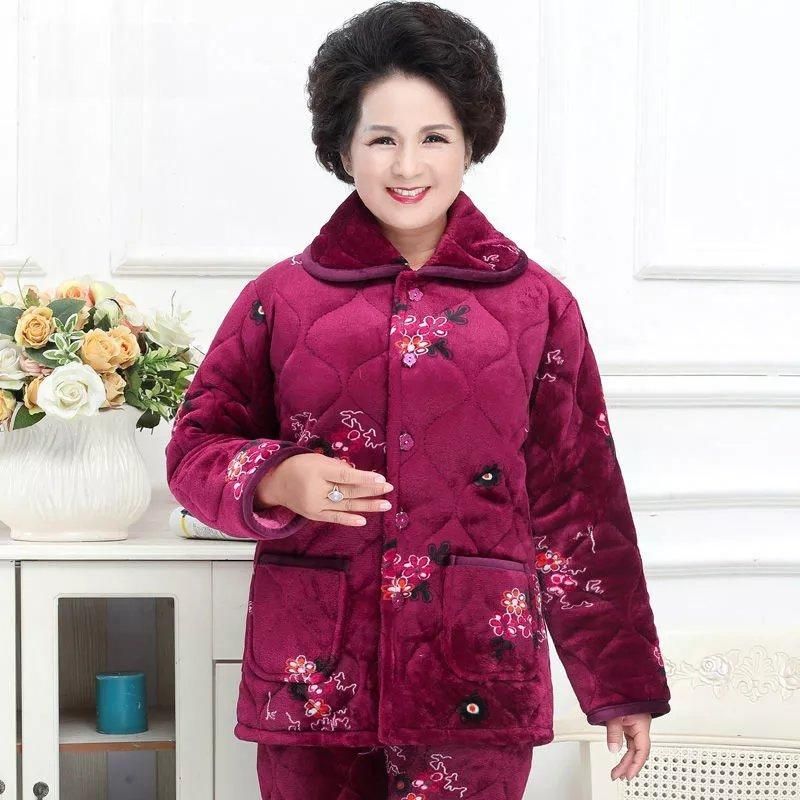 秋冬季夹棉妈妈睡衣女款加绒加厚中老年人珊瑚绒加大码家居服套装