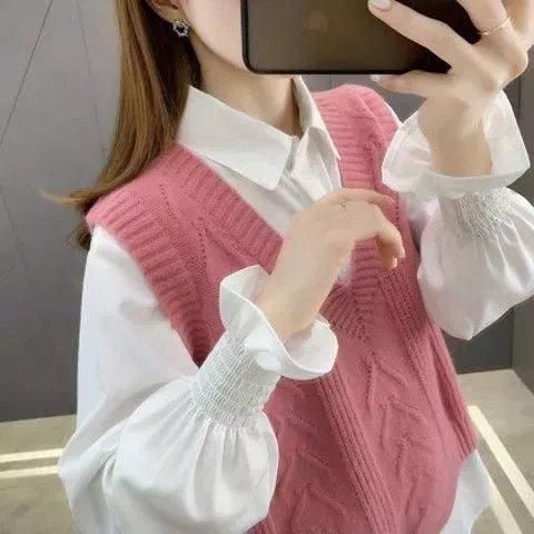 2021年新款毛衣女装衬衫马甲背心两件套装针织衫春秋宽松洋气百搭