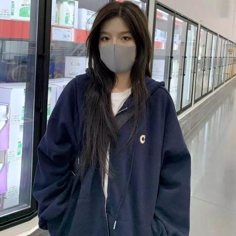 oversize开衫外套女潮ins秋冬百搭2021韩版新款连帽加绒加厚卫衣