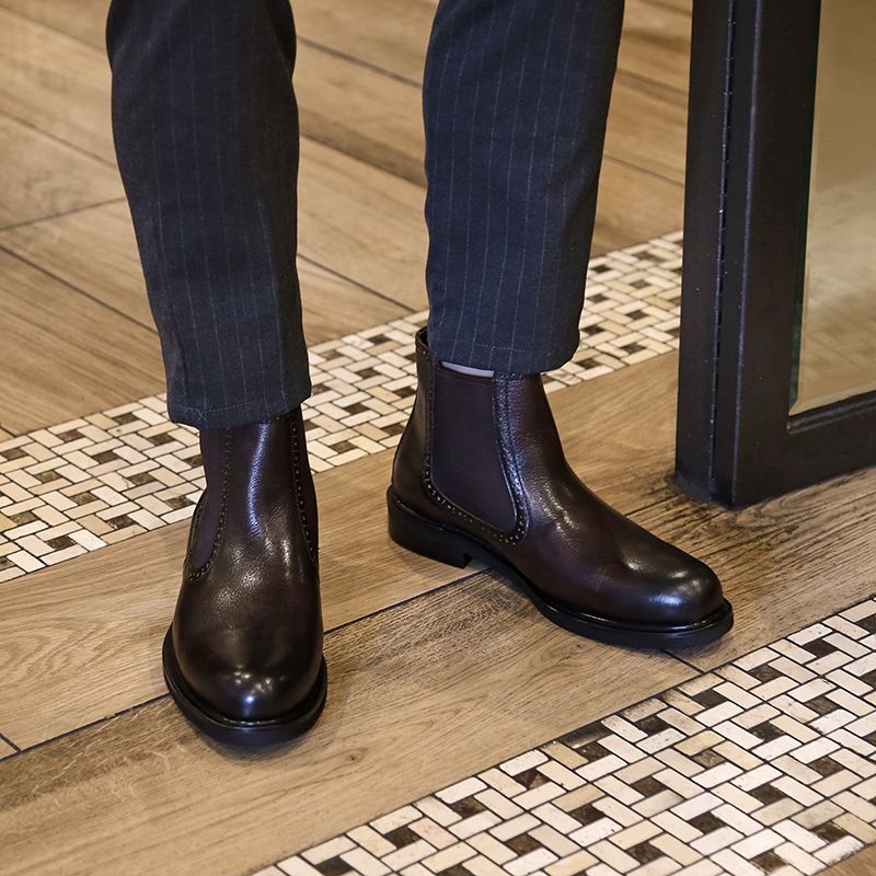 新品英伦真皮复古圆头高帮皮鞋简约潮流切尔西靴百搭透气马丁靴男