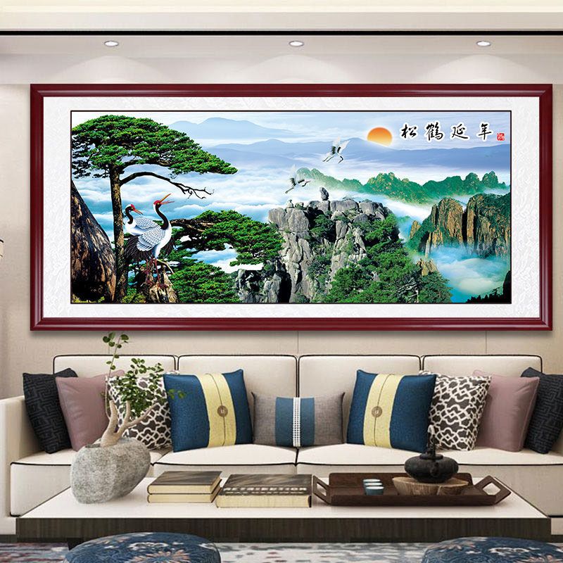 松鹤延年客厅装饰画巨幅风景山水画靠山图背景墙壁画迎客松