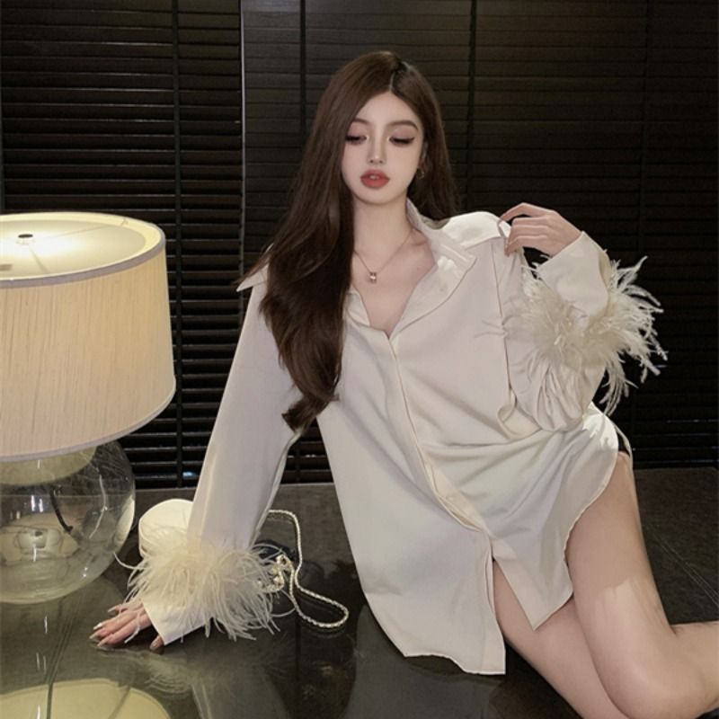 Internet celebrity temperament goddess style design fur cuffs satin shirt for women  new style mid-length top trendy