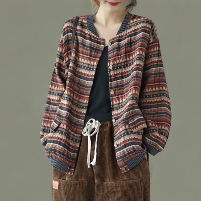 Picking up the leak ~ counter export tail single women's clothing loose literary all-match casual printed cardigan cotton linen short coat