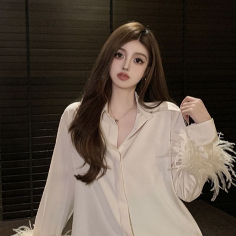 Internet celebrity temperament goddess style design fur cuffs satin shirt for women  new style mid-length top trendy