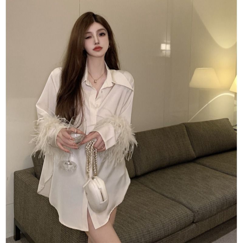 Internet celebrity temperament goddess style design fur cuffs satin shirt for women  new style mid-length top trendy