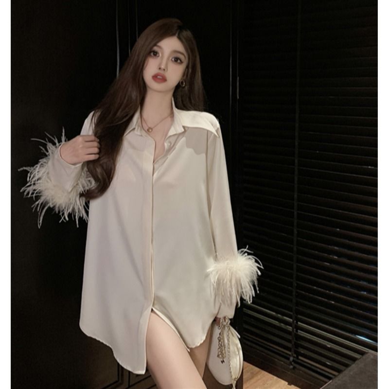 Internet celebrity temperament goddess style design fur cuffs satin shirt for women  new style mid-length top trendy