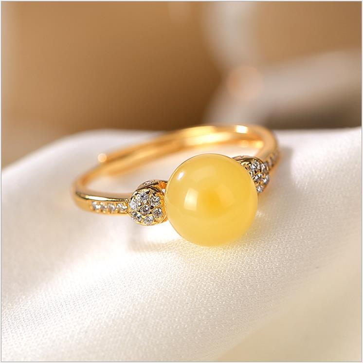 天然蜜蜡圆珠戒指S925纯银包金镶钻黄琥珀珠开口指环女款轻奢银饰