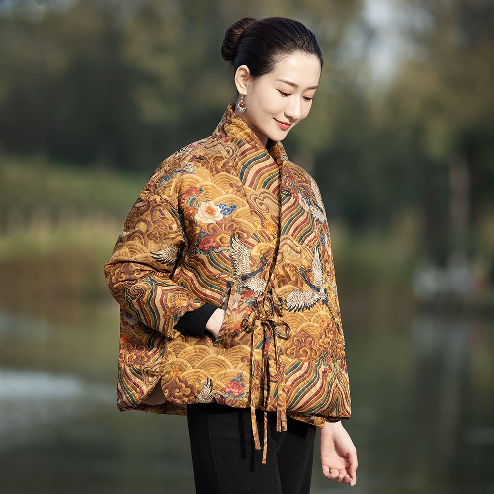 云鹤谣仿真丝仿香云纱仿羽绒服中式文艺斜襟宽松短款保暖仿棉服