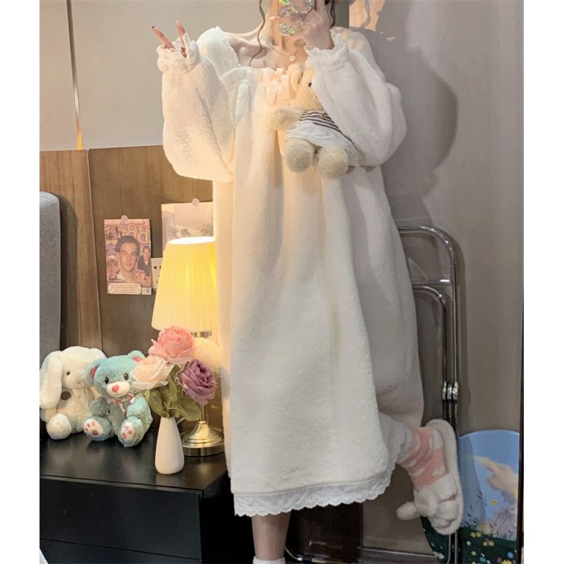 2022 autumn and winter new Korean version cute and sweet princess style warm home clothes plus velvet thickened nightdress suit for women
