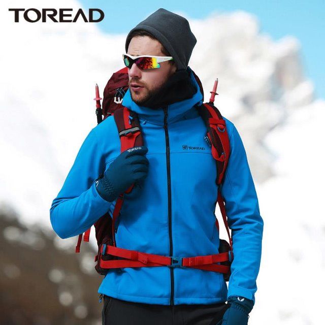 正品牌探路者软壳冲锋衣男秋冬季户外连帽加绒加厚