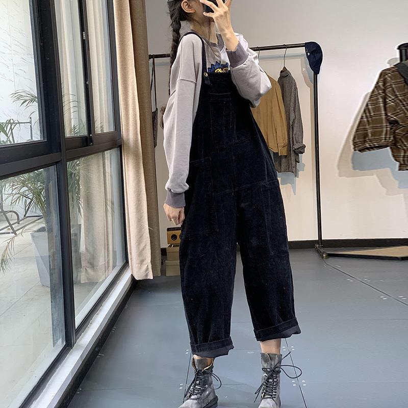  spring and summer new large-size casual straight wide-leg overalls women's corduroy all-match fashion thickened jumpsuit