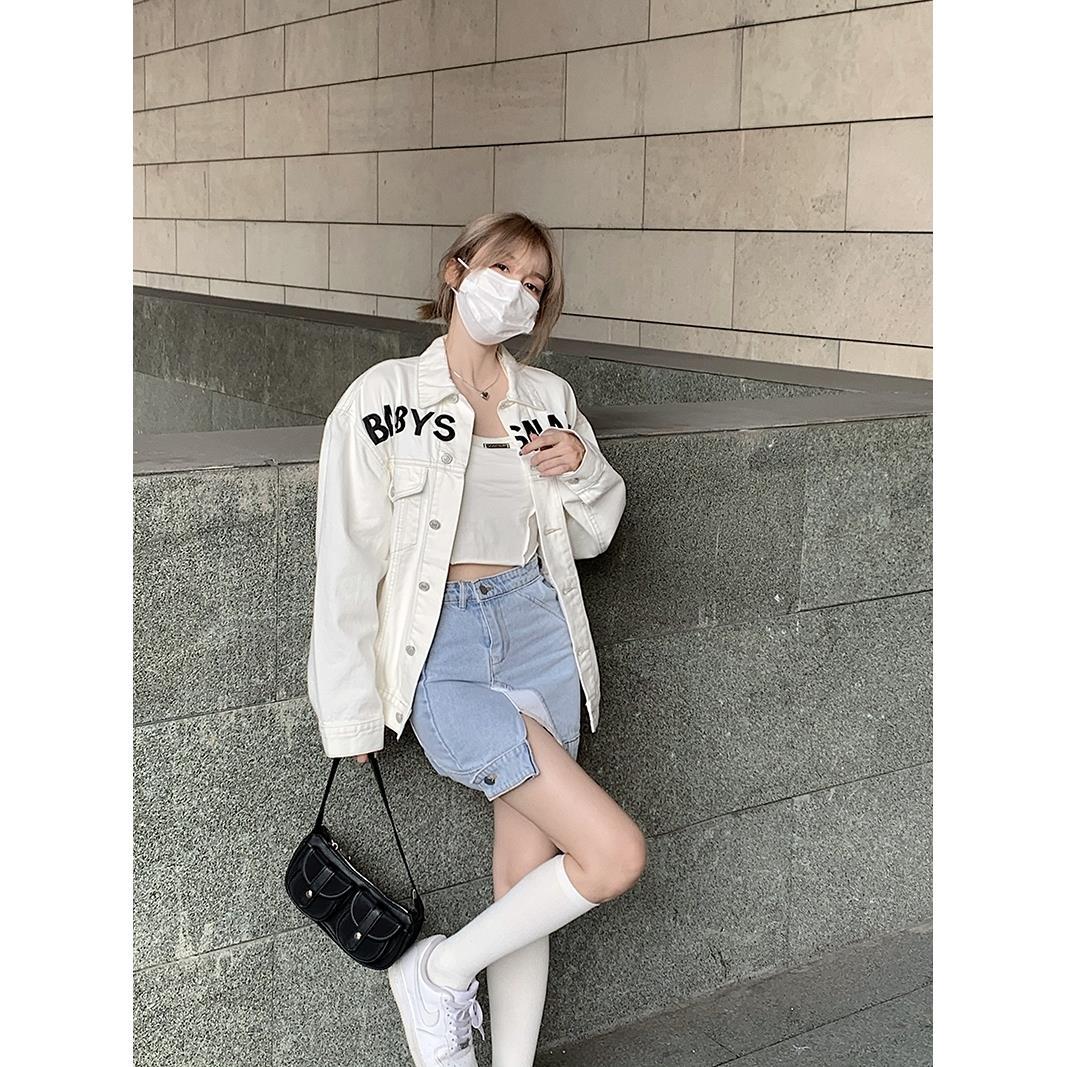 European station ins2022 spring and autumn new white denim jacket loose large size fat MM long-sleeved jacket top